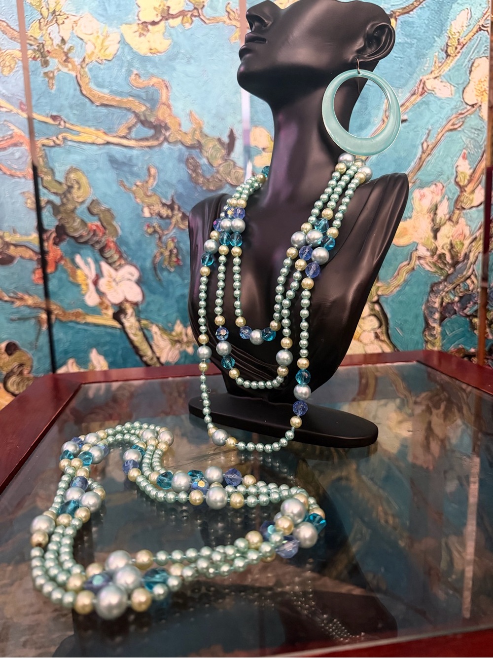 Layered Seafoam and Aqua Pearl Necklace Set with Matching Hoop Earring